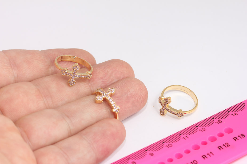 Anello a croce placcato oro lucido 24k da 17 mm, anelli a croce con micro pavé di zirconi cubici, anelli a croce bianchi, anelli delicati, anelli placcati in oro, FRB148