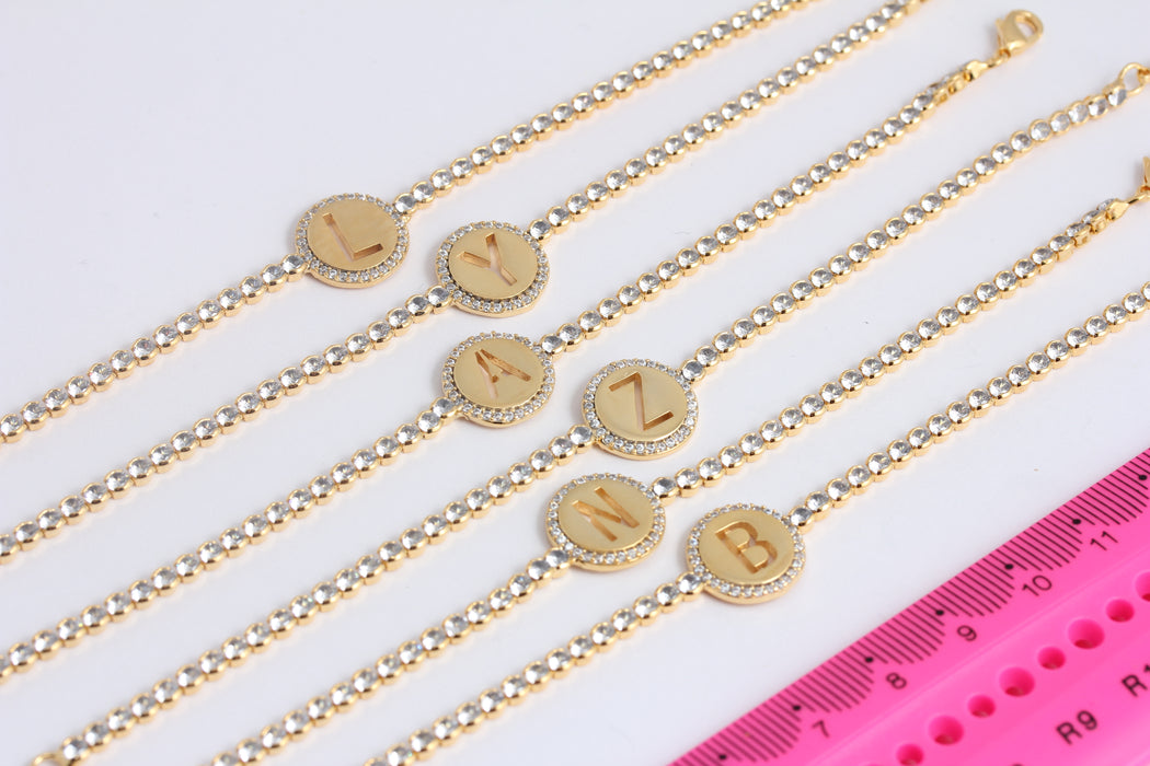 6'' 24k Shiny Gold Letter Bracelet, CZ Letter Bracelet, Gold CZ Bracelet, Micro Pave Bracelets, Special Letter Written Bracelet, BXB420-1