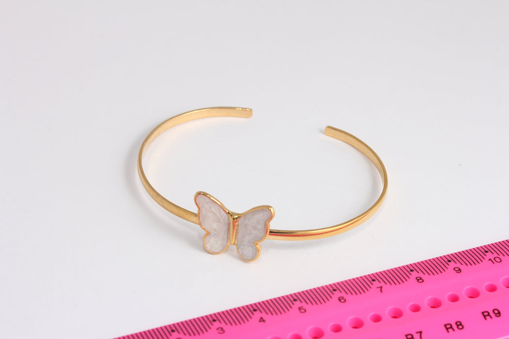 24k Shiny Gold Bracelet Cuff, Wire Butterfly Bracelet, White Enamel Butterfly Bracelet, Butterfly Cuff, Gold Plated Findings, BXB426-5