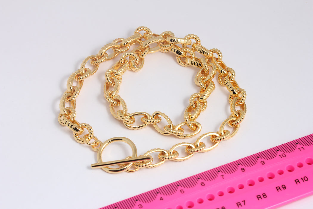 18'' 24k Shiny Gold Link Chain Necklace, Toggle Necklace, Oval Chain, Adjustable Gold Necklace, Dainty Necklace, BXB427-5