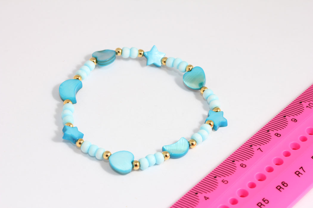 7" 24k Shiny Gold Pearl Bracelet, Star Moon and Heart Pearl Bracelets, Blue Pearl Bracelet, Mixed Shape Bracelet, BLK11-3