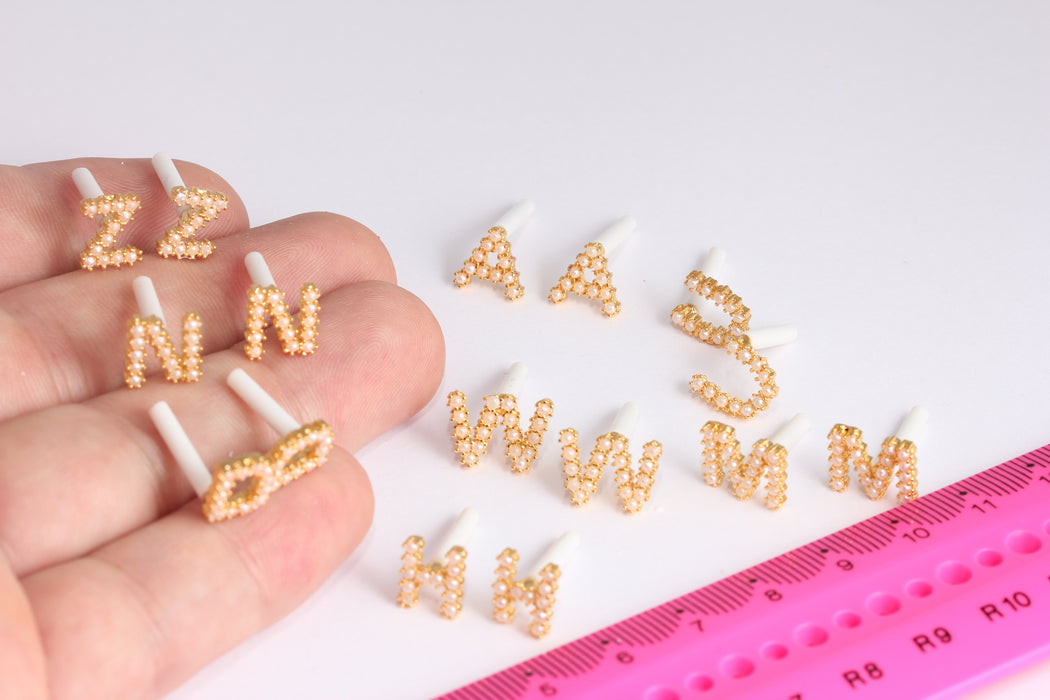 9x12mm 24k Shiny Gold Pearl Letter Earrings, Micro Pave Letter Earrings, White Pearl, Dainty Stud Earrings, Gold Plated Earrings, ETS39