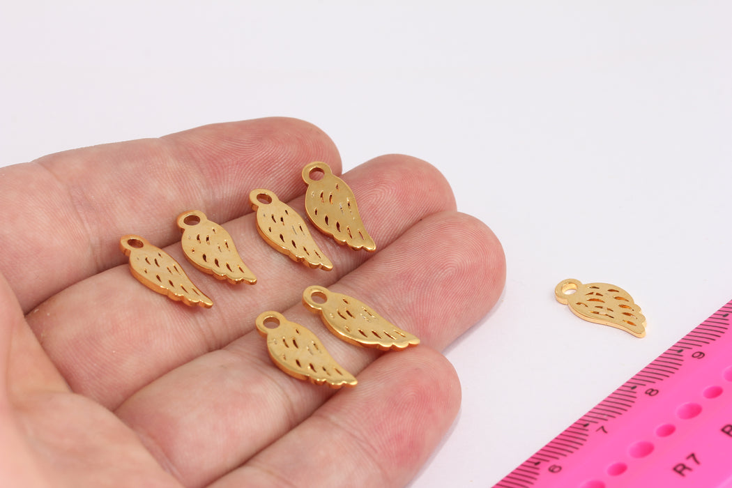 8x19mm 24k Shiny Gold Angel Wings, Angel Charms, Pendant Charms, Wing Charms, Feather Pendant, Bracelet Charms, Beads,  CR121-1