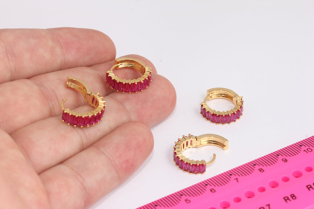 CZ Gold Earrings , Baguette Ruby Stone 