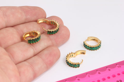 CZ Gold Earrings , Baguette Green Stone