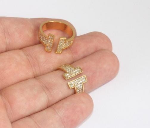 17-18mm 24k Shiny Gold T Ring, Micro Pave T Bar Open Rings, Adjustable Gold Rings, White Stone Rings, Bar Rings, Double Bar Rings, SLM138