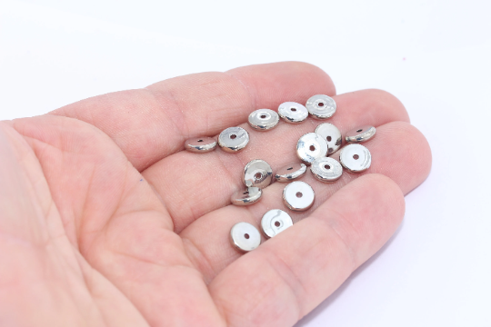 7,5mm Rhodium Plated Beads, Rondelle Beads, Coin Beads, MTE397