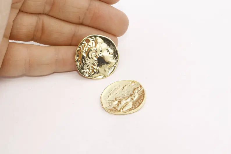 27mm 24k Shiny Gold Medallion, Gold Greek Coins, MTE278