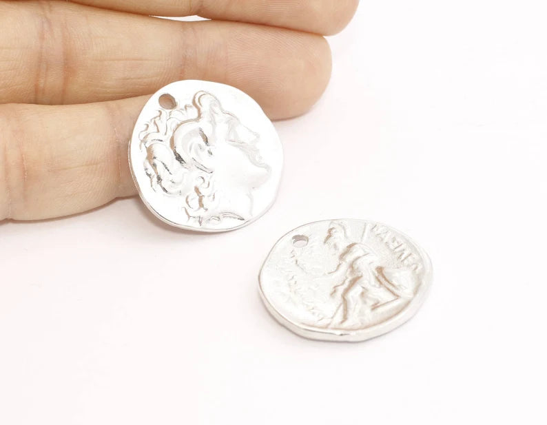 27mm Silver Plated Medallion, Silver Greek Coins, Antique MTE292
