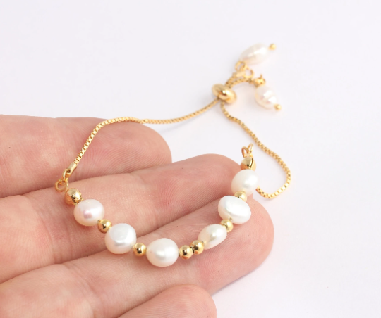 7" 24k Shiny Gold Pearl Bracelet, White Pearl Bracelet, Gold CHK652