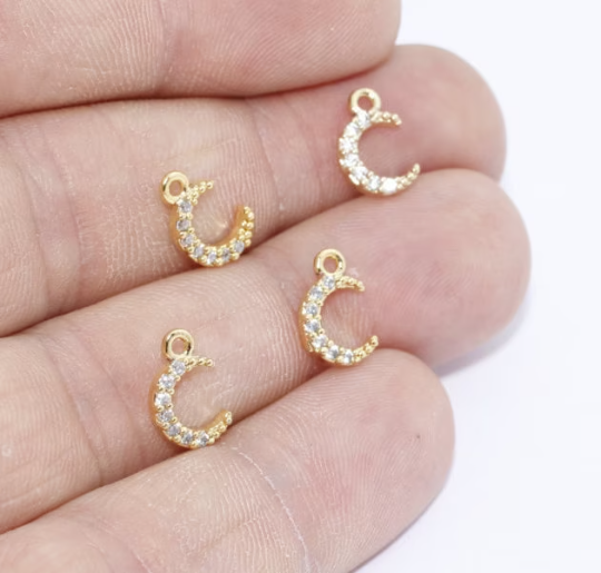 7x10mm 24k Shiny Gold Moon Charms, Micro Pave Charms, MLS16