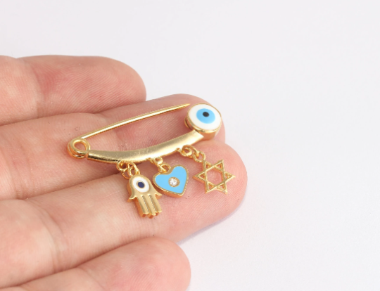 25x35mm 24k Shiny Gold Evil Eye Safety Pin With Charms,  XP444