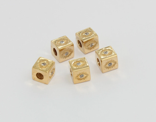 8x8mm 24k Shiny Gold CZ Evil Eye Beads, Cube Evil Eye Charms, White Zircon Charm, Cube Micro Pave Eye Beads, Gold Plated Charms, ZRCN503