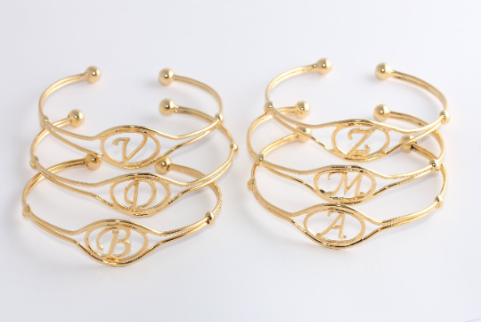 60mm 24k Shiny Gold Initial Bracelet, Letter Cuff, Wire Bracelet, Alphabet, Name Bracelets,   HRF77