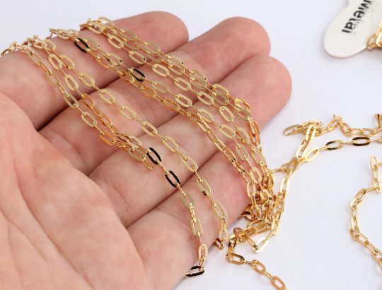 2,5x6mm 24 ayar Parlak Altın Bağlantı Zinciri, Altın Çubuk Zincir, Altın CHK76