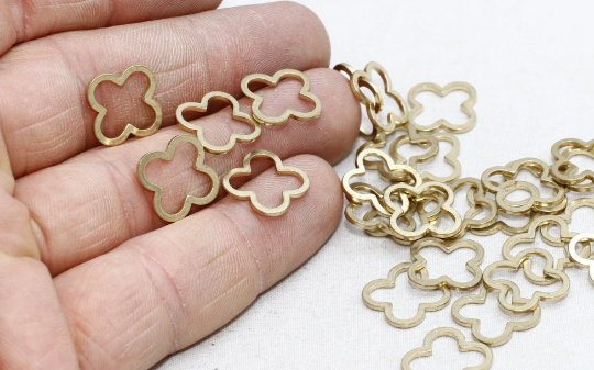 14mm Raw Brass Clover Charms , Closed Ring, initial  , AE197