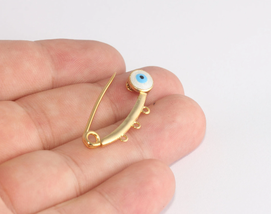 14x35mm 24k Shiny Gold Evil Eye Safety Pin With Loops, MLS658