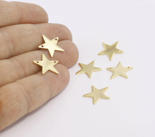 16mm 24k Shiny Gold Star Charms, Two Hole Charms, Star  BRT800