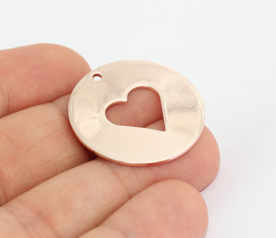 28mm Rose Gold Heart Disc, Heart Pendant, Medallion MTE493