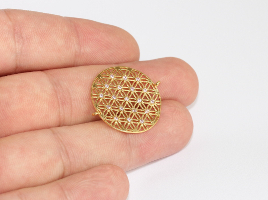 25mm 24k Gold Charms, Pink Stone Charm, CZ Flower of Life,  MLS828