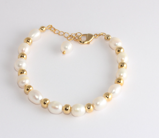 7" 24k Shiny Gold Pearl Bracelet, White Pearl Bracelet,          , XP395