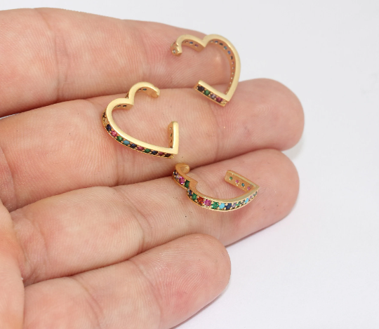 24k Shiny Gold Micro Pave Heart Earrings, Heart Ear Cuffs, MLS315