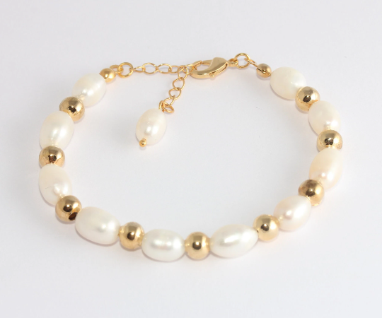 7" 24k Shiny Gold Pearl Bracelet, White Pearl Bracelet,        XP398