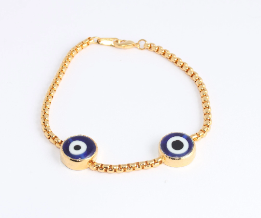 7" 24k Shiny Gold Evil Eye Bracelets, Blue Evil Eye                    SLM123