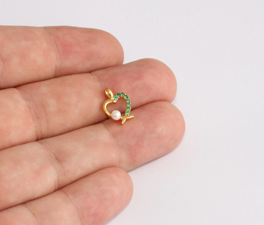 10x13mm 24 Ayar Parlak Altın Kalp Takılar, Yeşil Taş, SLM225