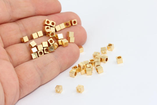 4mm 24k Shiny Gold Cube Beads, Spacer Beads, Cubes,  MTE463