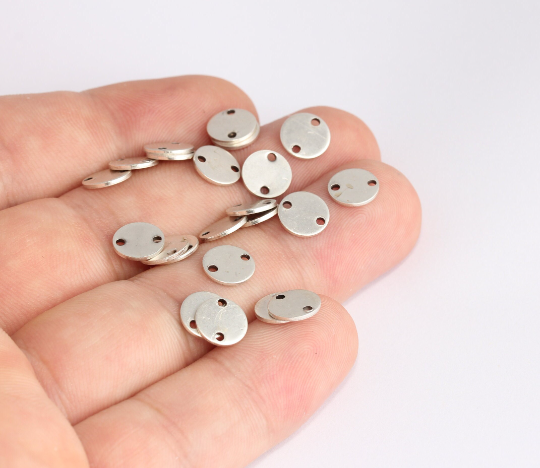 8mm Antique Silver Coin Charms, Round Two Hole Disc Beads, SLM788