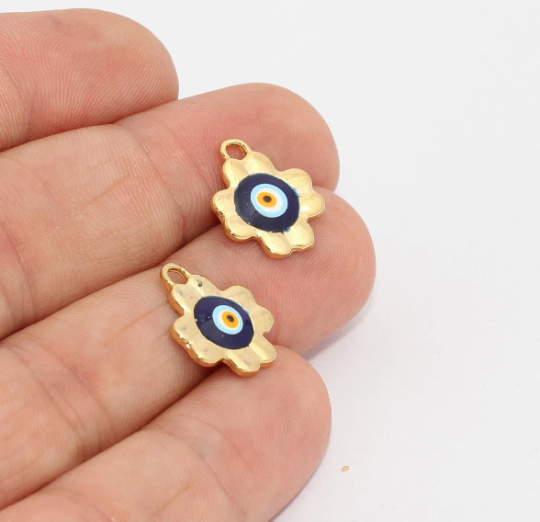 13x15mm 24k Shiny Gold Clover Charms, Evil Eye Flower, MTE854