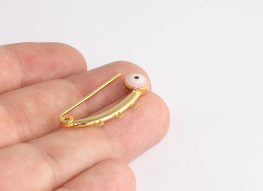 14x35mm 24k Shiny Gold Evil Eye Safety Pin With Loops, XP439