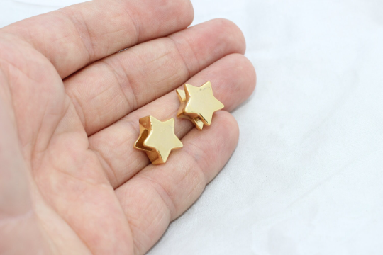 15mm 24k Shiny Gold Star Beads, Large Hole Beads, Star MTE53