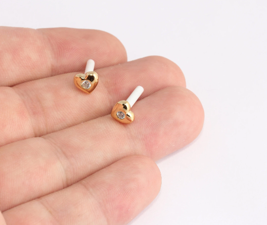 7mm 24k Shiny Gold Heart Earrings, Micro Pave Heart  SLM485