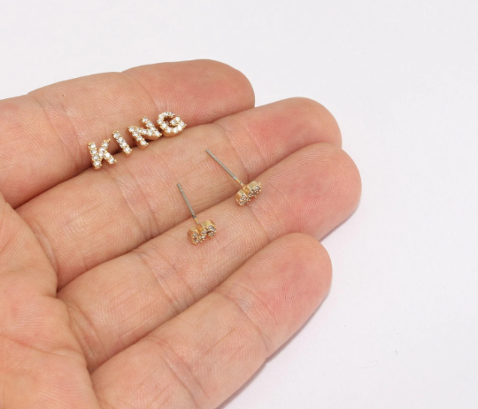 6x7mm 24k Shiny Gold Letter Earrings, Micro Pave Letter,        HRF49