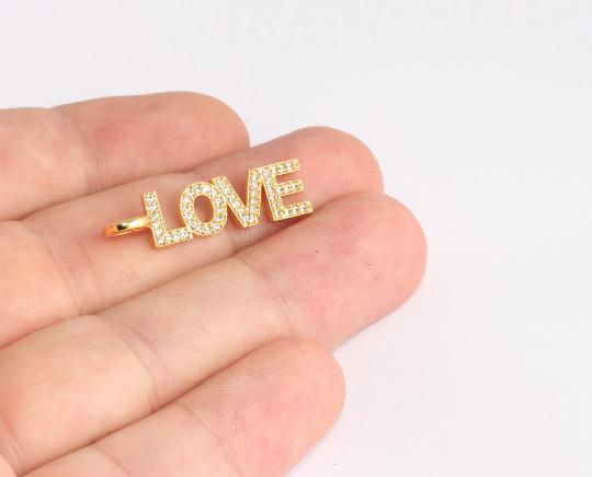 8x31mm 24k Shiny Gold Charms, Micro Pave Love Letters SLM576