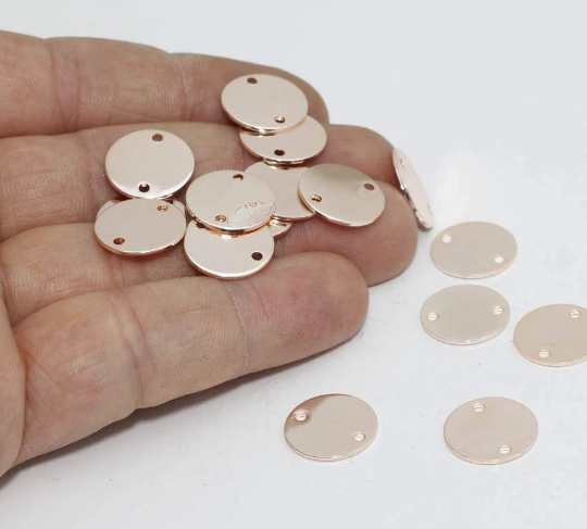 14mm Rose Gold Round Charms, Two Hole Round Disc, ROSE486