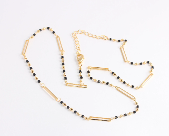 17'' 24k Shiny Gold Necklace, Black Beaded Necklace, Ready  CHK677