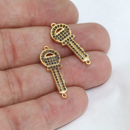 10x28mm 24 Ayar Parlak Altın Charm, Mikro Taşlı Anahtar Kolye, ZRCN537