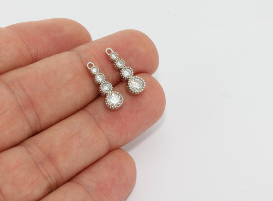 5x17mm Rhodium Plated Drop Charms, White Stone Charms, MTE1384