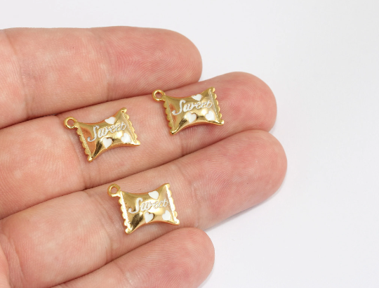 13x15mm 24k Shiny Gold Candy Charms, White Enamel,          SLM18