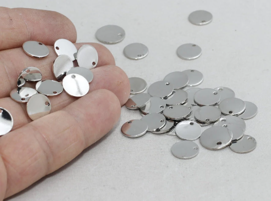 12mm Rhodium Plated Round Charms, Round Disc, Tag, BRT522