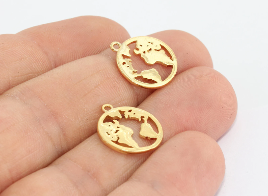 15x16mm 24k Shiny Gold World Map Pendant, Globe , MTE503