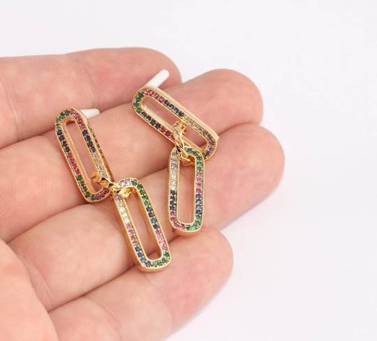 8,5x48mm 24k Shiny Gold Drop Earrings, Micro Pave Link     SLM436