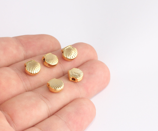 9mm 24k Shiny Gold Sea Shell Charm, Seashell Sliding Beads,  SLM647