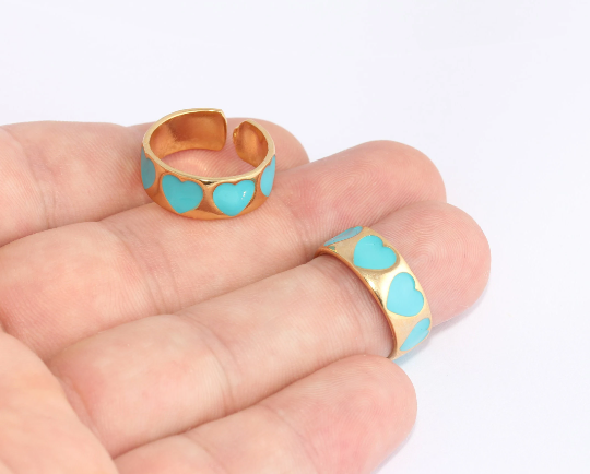 17-18mm 24k Shiny Gold Heart Rings, Blue Enamel Heart SLM986
