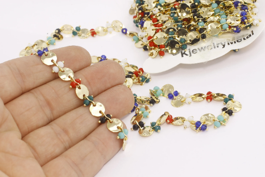 8mm 24k Shiny Gold Coin Chains, Disc Coin Chains, Beaded Chains, BXB134