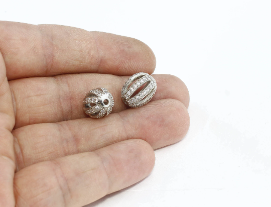 11x12mm Rhodium Plated Beads, Micro Pave Charms, CZ ZRCN636