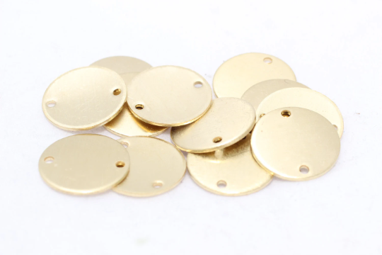 20Ga 14mm Raw Brass Disc, Coins, Two Holes , Stamped  ALS9